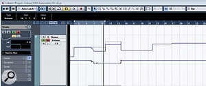 Three automation curves result from using trim automation. In this example, the trim curve (blue, with break‑points shown) causes the 'sum of automation' curve (dark blue) to drop below the original automation data (light grey) from about bar six. However, an additional pair of break‑points has been added at the start of bar 14 to correct this. Three automation curves result from using trim automation. In this example, the trim curve (blue, with break‑points shown) causes the 'sum of automation' curve (dark blue) to drop below the original automation data (light grey) from about bar six. However, an additional pair of break‑points has been added at the start of bar 14 to correct this.