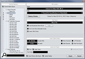 The Export Audio Mixdown menu allows stems of particular instrument groups to be created. In this orchestra‑based project, the Channel Batch Export has been selected and a stereo mix will be generated for each of the four Group channels selected. Providing all the individual instruments are routed to the appropriate Group channel, this will create an audio stem for each of the main orchestral sections. The Export Audio Mixdown menu allows stems of particular instrument groups to be created. In this orchestra‑based project, the Channel Batch Export has been selected and a stereo mix will be generated for each of the four Group channels selected. Providing all the individual instruments are routed to the appropriate Group channel, this will create an audio stem for each of the main orchestral sections.