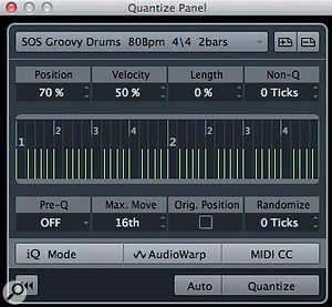 The Quantize Panel allows you to control how 'hard' the groove is applied to other parts. All of these controls are also available via the Quantize tab of the MIDI Editor window. The Quantize Panel allows you to control how 'hard' the groove is applied to other parts. All of these controls are also available via the Quantize tab of the MIDI Editor window.