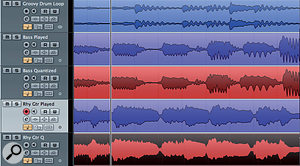 A short section of the bass and rhythm guitar tracks with both the unquantised (blue) and quantised (red) versions shown. As an example, see how the note or chord at the cursor position has been pulled forward in time in the quantised versions and now coincides with the drum hit at the same time position.