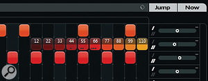 In this example, a velocity ramp is being added to a snare roll (the middle of the three populated lanes). Note that three of the snare beats also have flams added (indicated by the small dots), while both the snare and hi‑hat (lowest populated lane) have had both some timing offset adjustment and type 2 swing added. In this example, a velocity ramp is being added to a snare roll (the middle of the three populated lanes). Note that three of the snare beats also have flams added (indicated by the small dots), while both the snare and hi‑hat (lowest populated lane) have had both some timing offset adjustment and type 2 swing added.