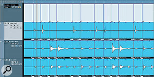 The next stage: I've moved my drum parts slightly to the right, and my Macro has chopped them at each marker.