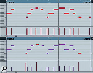 The two‑bar bass line without (above) and with (below) the groove applied. Note the subtle shifts in the starting points of some notes in the lower version and how the Velocity setting has been (deliberately over) used so that three notes are now heavily accented to mirror beats which had emphasis in the drum loop that formed the source of the groove The two‑bar bass line without (above) and with (below) the groove applied. Note the subtle shifts in the starting points of some notes in the lower version and how the Velocity setting has been (deliberately over) used so that three notes are now heavily accented to mirror beats which had emphasis in the drum loop that formed the source of the groove