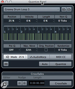 When quantising with sliced audio, the Quantize panel includes the Crossfades section.