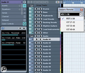 The tiny Generic Remote window allows you to switch your hardware device to control multiple banks of parameters. As described in the main text, the Generic Remote configuration is sensitive to the Track List order. Here, the eight group channels are followed by 24 audio tracks. Also note the Quick Control on/off button in the Inspector pane — which is useful for disengaging the Quick Control system when required.