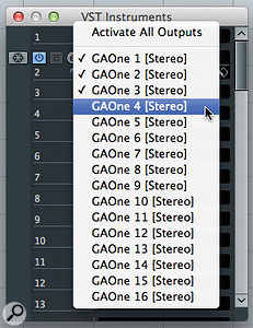 You can activate any of GAO's 16 stereo outputs via the VST Instruments panel. You can activate any of GAO's 16 stereo outputs via the VST Instruments panel.