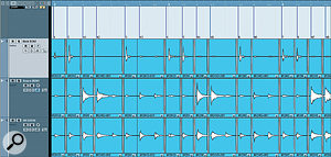 The end result: I've hit 'X' to generate crossfades automatically, then slid the parts slightly to the left. My wonky drumming is now perfectly in time with the grid.