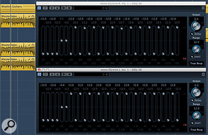 The settings for the two instances of GEQ‑30 are set as mirror images — except in this example I've also rolled off the bottom end and left the lower‑mid frequencies flat.