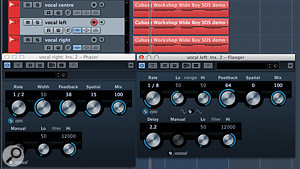 With the three‑track vocal widening approach, try adding a Phaser and a Flanger (in this example, to the right and left panned versions) to add some detuning.