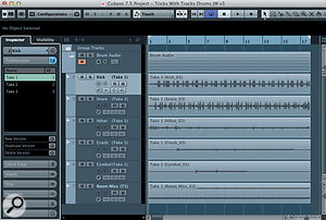 I used a modest six-track drum recording to keep the example simple, but the more complex the recording, the more likely it is that Track Versions will be easier to work with than Track Lanes. I used a modest six-track drum recording to keep the example simple, but the more complex the recording, the more likely it is that Track Versions will be easier to work with than Track Lanes.