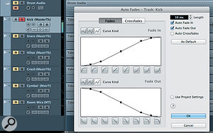 If you need to edit the fades for the audio clips used in your final comp, you can do so at the track level, as here for the kick drum track. If you need to edit the fades for the audio clips used in your final comp, you can do so at the track level, as here for the kick drum track.