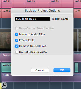 The Back up Project dialogue can both create a backup and tidy up some media-file clutter. The Back up Project dialogue can both create a backup and tidy up some media-file clutter.
