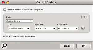 The typical settings for integrating LC Xview in DP, in the Control Surface Setup dialogue box. The typical settings for integrating LC Xview in DP, in the Control Surface Setup dialogue box.