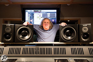 Mick Guzauski with his custom monitor speakers, which have the woofer mounted in a separate enclosure from the mid- and high-frequency drivers. Mick Guzauski with his custom monitor speakers, which have the woofer mounted in a separate enclosure from the mid- and high-frequency drivers.