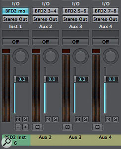Much like Pro Tools, Logic Pro uses a combination of a main Instrument track, which hosts the plugin, and Auxiliary Tracks which monitor the input from the plugin's additional outputs. When Logic detects that a multiple output instrument has been loaded in an Instrument Track, it adds a small + icon on the bottom right of the instrument's mixer channel. If we click this button once, Logic will add an Auxiliary Track to the right of the Instrument Track and very kindly setup the input to be the first additional output of our plugin, very neat. Click again to repeat the process. Of course you can change the output used for the Auxiliary Track's input in the I/O Section of the Auxiliary Track's mixer channel. Much like Pro Tools, Logic Pro uses a combination of a main Instrument track, which hosts the plugin, and Auxiliary Tracks which monitor the input from the plugin's additional outputs. When Logic detects that a multiple output instrument has been loaded in an Instrument Track, it adds a small + icon on the bottom right of the instrument's mixer channel. If we click this button once, Logic will add an Auxiliary Track to the right of the Instrument Track and very kindly setup the input to be the first additional output of our plugin, very neat. Click again to repeat the process. Of course you can change the output used for the Auxiliary Track's input in the I/O Section of the Auxiliary Track's mixer channel.