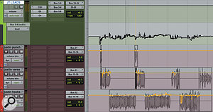 Chris Godbey used extensive automation on Justin Timberlake's lead vocal tracks. Each of the three main vocal tracks (lower half) has level automation, which is operating prior to compression. The lead vocal bus track (top) has a send to a delay, which again is extensively automated.