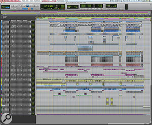 The 24–bit, 48kHz Pro Tools session for ‘Misbehavin’ contains no fewer than 73 tracks. From top to bottom, these comprise 24 beatbox tracks (blue), 12 body percussion tracks (finger snaps, claps and foot stomps), two bass vocal tracks (dark purple), eight lead vocal tracks (light purple), 10 main backing vocal tracks (yellow–green and light blue), including two group aux tracks (green), five incidental word tracks (various colours), a choir track (dark blue), seven bridge tracks (yellow), five aux effect tracks (green) and one master track (red). “I received this session from Kuk, and overall it was pretty straightforward,” says Ed Boyer. “I moved things around a bit to make it fit in my workflow, but other than that I went straight into mixing.” The 24–bit, 48kHz Pro Tools session for ‘Misbehavin’ contains no fewer than 73 tracks. From top to bottom, these comprise 24 beatbox tracks (blue), 12 body percussion tracks (finger snaps, claps and foot stomps), two bass vocal tracks (dark purple), eight lead vocal tracks (light purple), 10 main backing vocal tracks (yellow–green and light blue), including two group aux tracks (green), five incidental word tracks (various colours), a choir track (dark blue), seven bridge tracks (yellow), five aux effect tracks (green) and one master track (red). “I received this session from Kuk, and overall it was pretty straightforward,” says Ed Boyer. “I moved things around a bit to make it fit in my workflow, but other than that I went straight into mixing.”