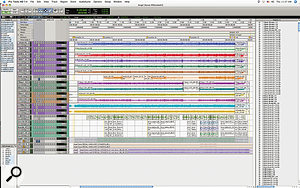 The entire Pro Tools Session for 'Angel Dance'. None of the plug‑ins were used in the final mix, and the edits on Robert Plant's vocal track (coloured green, about two‑thirds of the way down) were mainly to tackle sibilance issues. At the bottom you can see mixes were recorded back into Pro Tools from the SSL desk. The entire Pro Tools Session for 'Angel Dance'. None of the plug‑ins were used in the final mix, and the edits on Robert Plant's vocal track (coloured green, about two‑thirds of the way down) were mainly to tackle sibilance issues. At the bottom you can see mixes were recorded back into Pro Tools from the SSL desk.