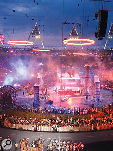 The Pandemonium section of the ceremony culminated in the spectacular sight of the Olympic rings being forged and floated into the sky. The Pandemonium section of the ceremony culminated in the spectacular sight of the Olympic rings being forged and floated into the sky.