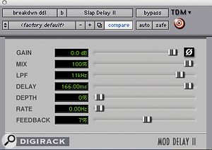  of the vocal processing was done using hardware, but a  Waves Trueverb was added to the first verse and different delays were created using Digirack plug–ins, while a  Focusrite D2 EQ plug–in filtered out low frequencies and added a  12kHz boost. (Vocal tracks coloured pink.)