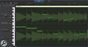 Flex Pitch makes it possible to edit the pitch of notes in monophonic audio. Notice the hotspots for making more detailed adjustments, the pitch-drift line, and also how pitched notes are ever-so-slightly highlighted, as in the case of the lowest note in the editor.