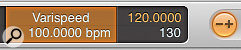 The new Varispeed feature is accessed via the transport bar. The Varispeed display and button, along with the tempo, are indicated in orange when the feature is active. The new Varispeed feature is accessed via the transport bar. The Varispeed display and button, along with the tempo, are indicated in orange when the feature is active.