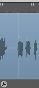 An 'insertion point' created by single‑clicking on an audio region with the marquee tool. Use of the arrow keys gives 'Tab to Transient' selection. An 'insertion point' created by single‑clicking on an audio region with the marquee tool. Use of the arrow keys gives 'Tab to Transient' selection.