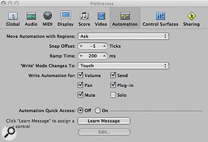 The Automation Preferences dialogue that appears when you choose Options / Track Automation / Automation Quick Access. The Automation Preferences dialogue that appears when you choose Options / Track Automation / Automation Quick Access.