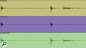 In this screen shot, the top (brown) channel is the un‑gated snare top mic. The centre (blue) channel is the same signal, but with inaccurate auto‑gating applied. The bottom (green) track shows the same section, but with side‑chain gating applied. As we can see, the auto‑gating has affected the crucial transient attack of the first snare hit, and severely truncated the buzz‑roll occurring after the second hit. In this screen shot, the top (brown) channel is the un‑gated snare top mic. The centre (blue) channel is the same signal, but with inaccurate auto‑gating applied. The bottom (green) track shows the same section, but with side‑chain gating applied. As we can see, the auto‑gating has affected the crucial transient attack of the first snare hit, and severely truncated the buzz‑roll occurring after the second hit.