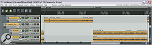 To add fullness to the chorus guitar sound, Mike created a new double‑track layer by editing different sections of the main part together. Notice that the (lower) double‑track part has been heavily edited to avoid any distracting flamming against the main part. To add fullness to the chorus guitar sound, Mike created a new double‑track layer by editing different sections of the main part together. Notice that the (lower) double‑track part has been heavily edited to avoid any distracting flamming against the main part.