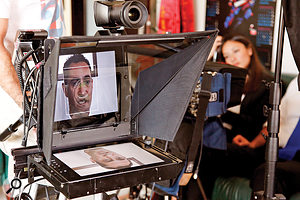 The Interrotron, as seen by the interviewee (above) and interviewer. The Interrotron, as seen by the interviewee (above) and interviewer.