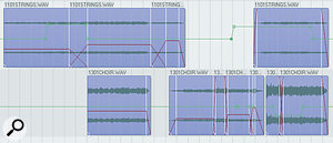 The levels of the two synth pads that Jay had provided didn't track changes in the song's arrangement, so Mike used audio‑region level changes and fader automation to remedy this, as you can see here.