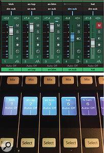 Screen 2B: The hat track was dragged all the way to the left in Studio One, making it channel one. The CS18AI reflects this. Note that we now see channel 4 on the CS18AI because the snare submaster was moved to channel 5, which is now the missing channel number in this shot. Screen 2B: The hat track was dragged all the way to the left in Studio One, making it channel one. The CS18AI reflects this. Note that we now see channel 4 on the CS18AI because the snare submaster was moved to channel 5, which is now the missing channel number in this shot.
