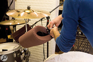 Off-cuts of acoustic foam were used around the snare and rack–tom mics to take the edge off cymbal, and particularly hi–hat, spill. Off-cuts of acoustic foam were used around the snare and rack–tom mics to take the edge off cymbal, and particularly hi–hat, spill.