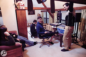 The control room was set up in an adjoining bedroom — notice the low beam encroaching on the top of this picture, and the scarf Mike wrapped round it to reduce the risk of head injuries! The control room was set up in an adjoining bedroom — notice the low beam encroaching on the top of this picture, and the scarf Mike wrapped round it to reduce the risk of head injuries!