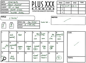 A typical mix track sheet, from the song 'L'Avion'. A typical mix track sheet, from the song 'L'Avion'.