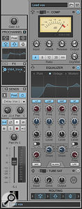 Sonar X1 Producer's ProChannel aims to bring the big console sound to your desktop, with classic compressors, a versatile EQ, and a tube saturation stage. Here you can see ProChannel open on the Console View, but you could also access it via the Inspector. Note the mini ProChannel controls in the main Channel strip as well. Sonar X1 Producer's ProChannel aims to bring the big console sound to your desktop, with classic compressors, a versatile EQ, and a tube saturation stage. Here you can see ProChannel open on the Console View, but you could also access it via the Inspector. Note the mini ProChannel controls in the main Channel strip as well.