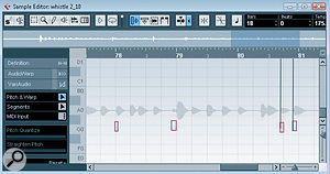Oops! This recording of someone whistling a series of short notes has been poorly detected by VariAudio probably due to a poor signal level, too many plosives (breaths at the start of each note) and not enough clear pitch information. Oops! This recording of someone whistling a series of short notes has been poorly detected by VariAudio probably due to a poor signal level, too many plosives (breaths at the start of each note) and not enough clear pitch information.