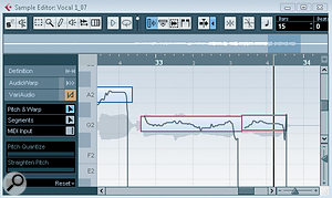 On the left, the first red segment actually contains three words. On the right, this has been split into three segments and these could now be shifted individually if you wanted to experiment with an alternative melody. On the left, the first red segment actually contains three words. On the right, this has been split into three segments and these could now be shifted individually if you wanted to experiment with an alternative melody.
