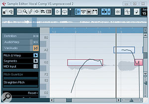 On the left, the singer has generated a large pitch scoop into the note. On the right, the Straight Pitch control has been used to make this less pronounced. On the left, the singer has generated a large pitch scoop into the note. On the right, the Straight Pitch control has been used to make this less pronounced.