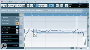 On the left, a large amount of pitch variation is present in a long sustained note. On the right, the sustained note has been edited into a single segment and Straighten Pitch applied to reduce the overall pitch drift. On the left, a large amount of pitch variation is present in a long sustained note. On the right, the sustained note has been edited into a single segment and Straighten Pitch applied to reduce the overall pitch drift.