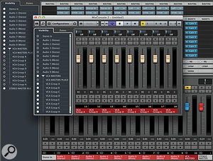 You can use the Visibility controls of Cubase’s second (or third) Mixer to create a dedicated VCA mixer, which you can assign its own shortcut key (‘V’ for VCA, perhaps?). You can use the Visibility controls of Cubase’s second (or third) Mixer to create a dedicated VCA mixer, which you can assign its own shortcut key (‘V’ for VCA, perhaps?).