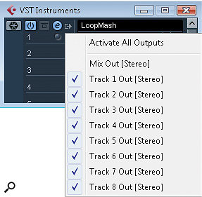 Activating individual outputs for each of LoopMash's tracks can be done via the VST Instruments panel. Activating individual outputs for each of LoopMash's tracks can be done via the VST Instruments panel.