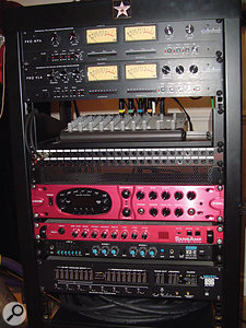 The outboard rack in John Fryer's home studio, with (from top) ART Pro MPA preamp and Pro VLA compressor, three guitar processors — Line 6 Pod XT Pro, Sansamp PSA1 and Washburn WSR42 — and MOTU 896 recording interface. The outboard rack in John Fryer's home studio, with (from top) ART Pro MPA preamp and Pro VLA compressor, three guitar processors — Line 6 Pod XT Pro, Sansamp PSA1 and Washburn WSR42 — and MOTU 896 recording interface.