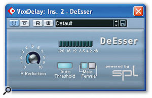 The lead vocal's main delay patch was EQ'ed and de-essed to keep it in the background, and some character reverb was also added via SIR, using an impulse response from an old EMT 250. The lead vocal's main delay patch was EQ'ed and de-essed to keep it in the background, and some character reverb was also added via SIR, using an impulse response from an old EMT 250.