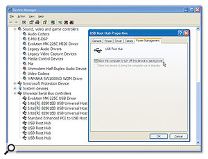 If you want to ensure a steady power supply to your USB audio and MIDI devices, un-tick this box for each USB Root Hub connected to them.