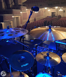 An Audio-Technica 4050 close over one of the banks of cymbals. An Audio-Technica 4050 close over one of the banks of cymbals.