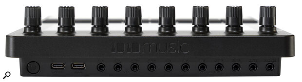 On the Bento’s recessed rear panel we find a power button, twin USB‑C ports, and, all on 3.5mm sockets, two MIDI ins and two MIDI outs, three audio ins and three audio outs, and a headphone out. And yes, writing this caption did involve some squinting.