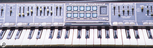 The blue QWERTY‑style key pad is named the "digital logic system", and selects the Polymoog's Presets: Strings, Piano, Organ, Harpsi, Funk, Clav, Vibes and Brass.