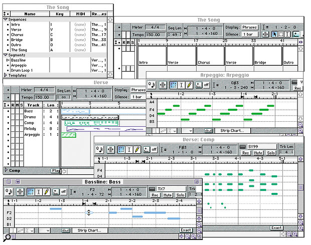 This song is made up of several Sequences. In this case the Sequence called 'Verse' is shown in a Track Overview Window, and three Segments are shown in Graphics Windows. The Drums track would probably be shown in a Pulse Window.